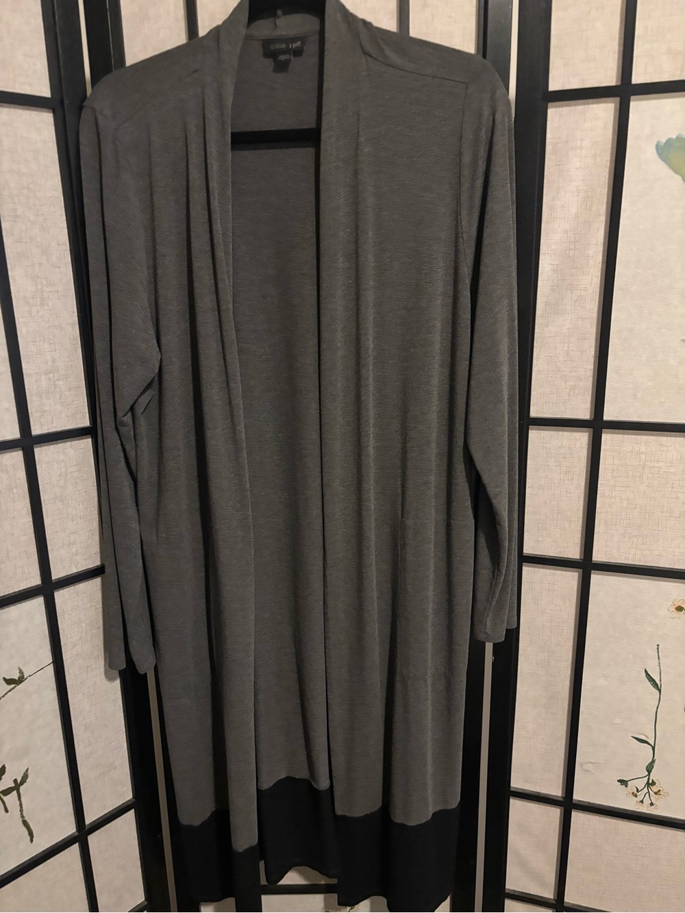 J Jill Lightweight Open Front Long Cardigan in Charcoal Gray with Black Hem